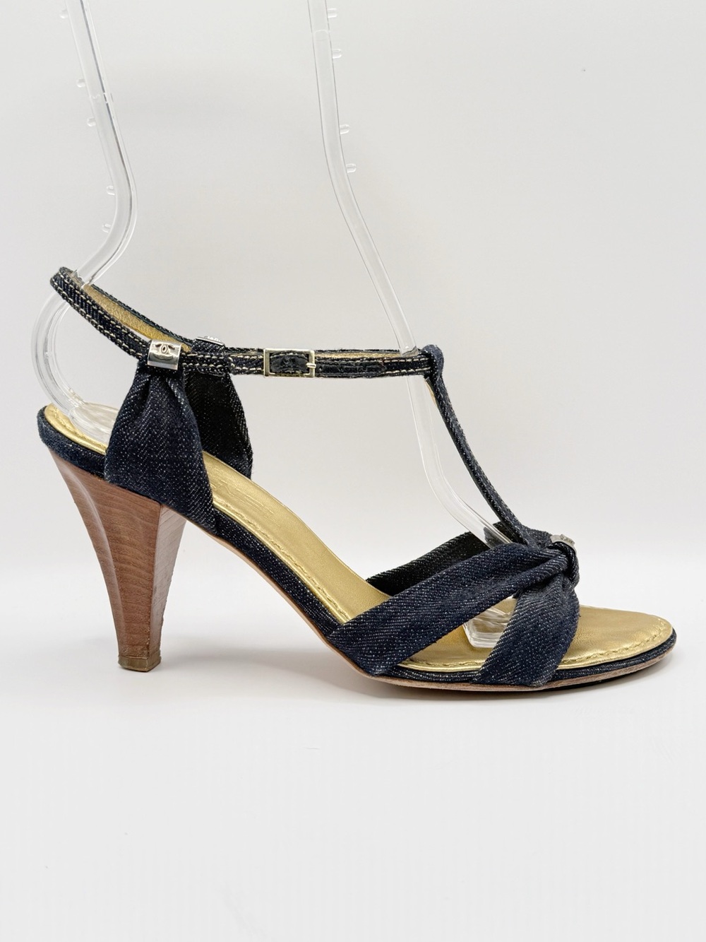 CHANEL Denim T-Strap Knot Sandal Heels CC Logo Blue Denim Wood Heel 37.5 Y2K VTG